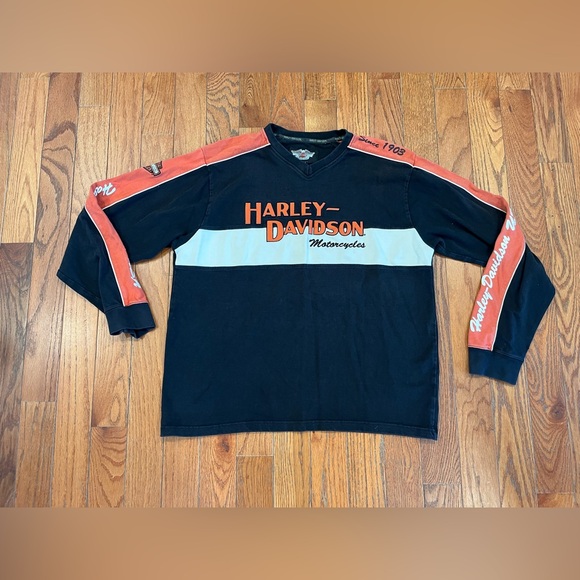 Vintage Harley Davidson Sweatshirt Mens XLarge Motorcycles Black Orange V-Neck - Picture 2 of 12